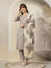Women's Grey Ethnic Printed Cotton Blend Straight Kurta Pant Dupatta Set-KPDGREYJUNA